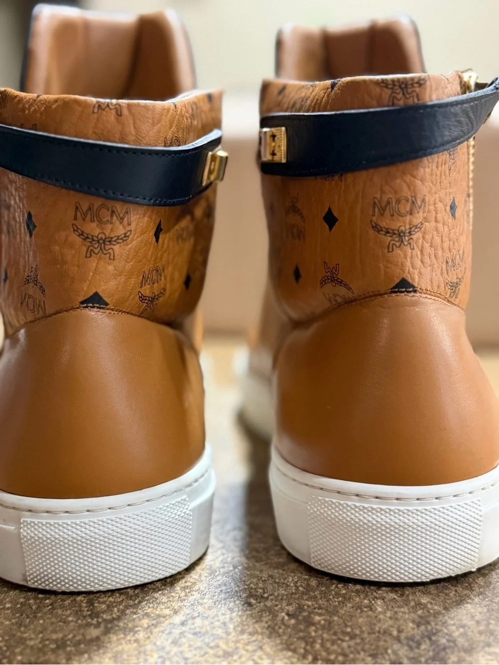 MCM Tan & Black Leather Chukka Sneakers with Gold Logo Plate